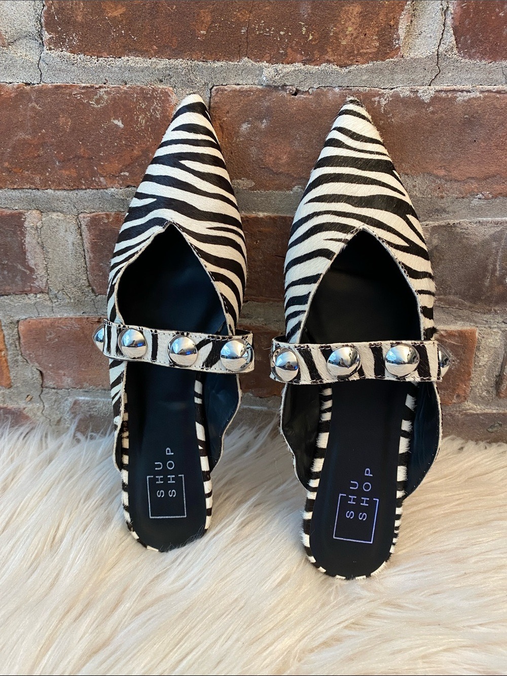 Shu Shop Alma Leather Zebra Hair Studded Pointed Toe Mules, Size 6 - Picture 8 of 16
